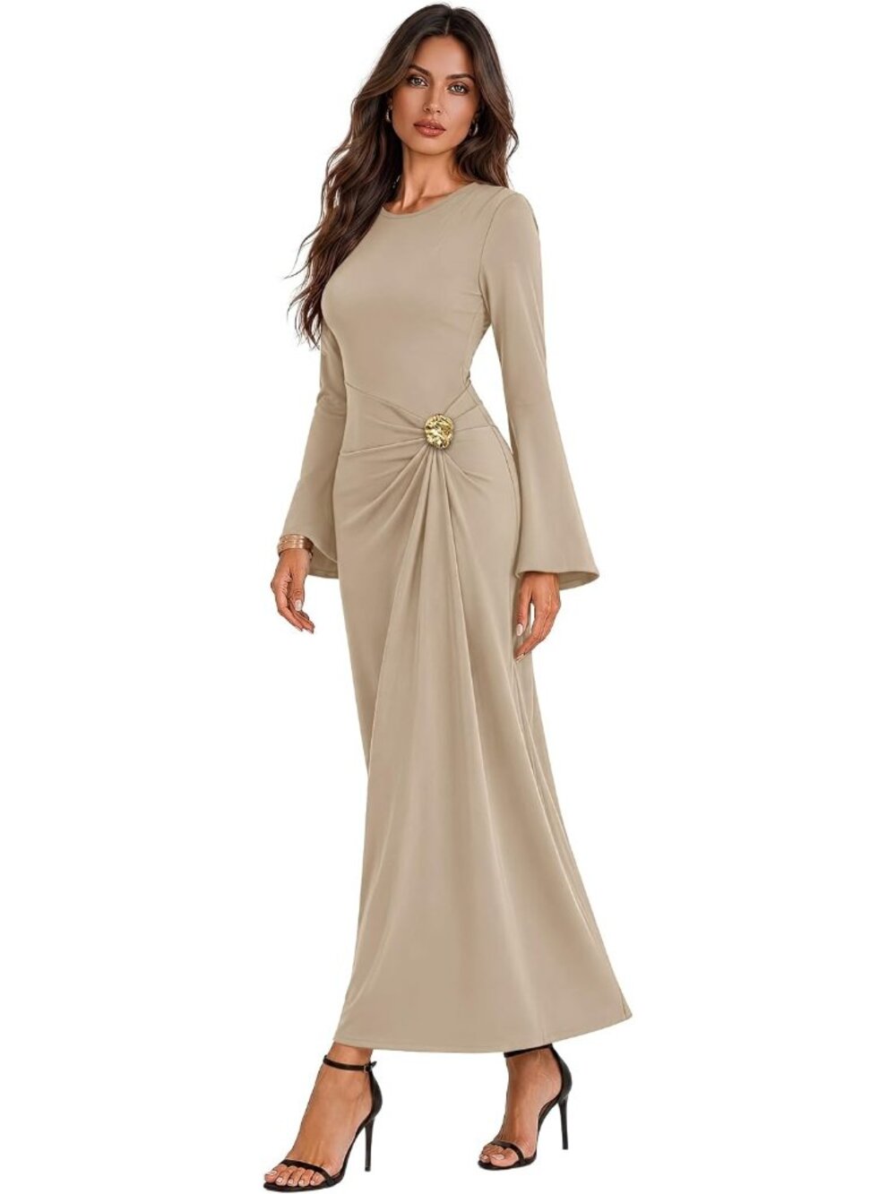 Women's Apricot Fashion Bodycon Long Sleeve Cocktail Outfits Guest Maxi Dresses - Picture 4 of 5